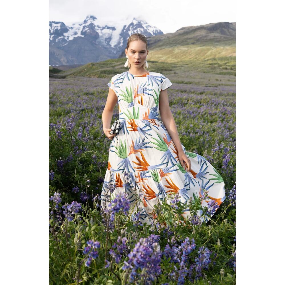 OLIPHANT Tuckernuck Cap Sleeve Midi Dress Fortuna Green Palm Print Cotton S - Picture 5 of 10